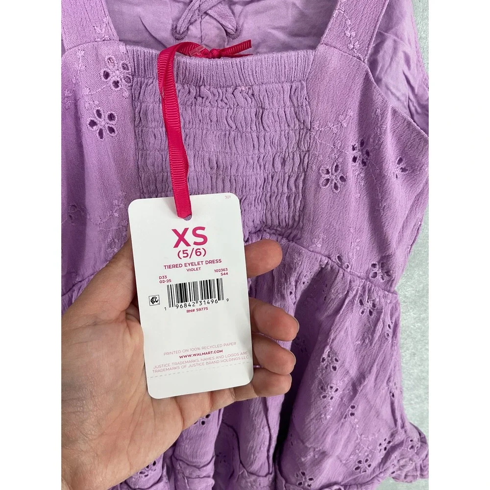 Justice Girls Tiered Eyelet Dress Violet Purple Lace Up Boho XS 5/6